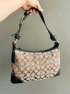 Vintage Coach Tan Signature Canvas Shoulder Bag with Black Leather Trim